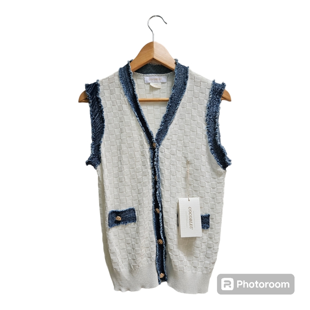 NWT Cocobleu Checkerboard Knit Vest Denim Trim Ivory Size S Resortwear Summer